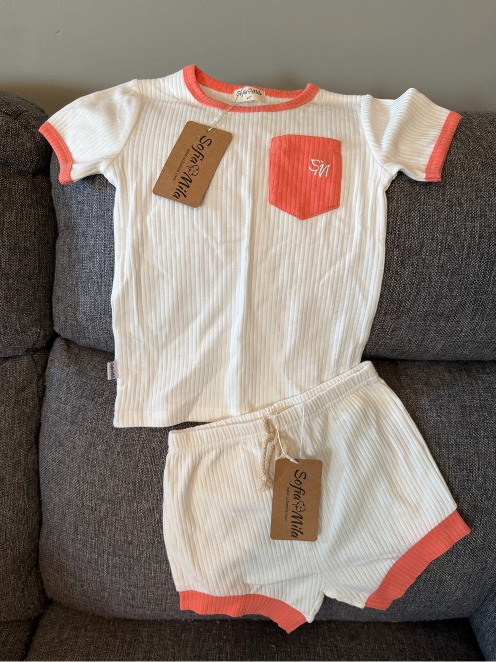 Kids Ribbed Short Set in Coral Trim